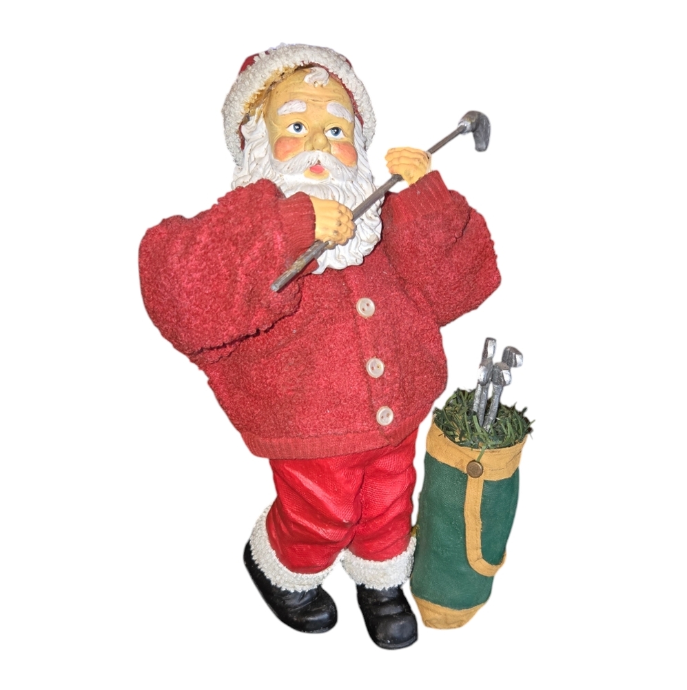 Vintage Possible Dreams Clothtique Resin & Cloth Golfing Santa With His Golf Bag